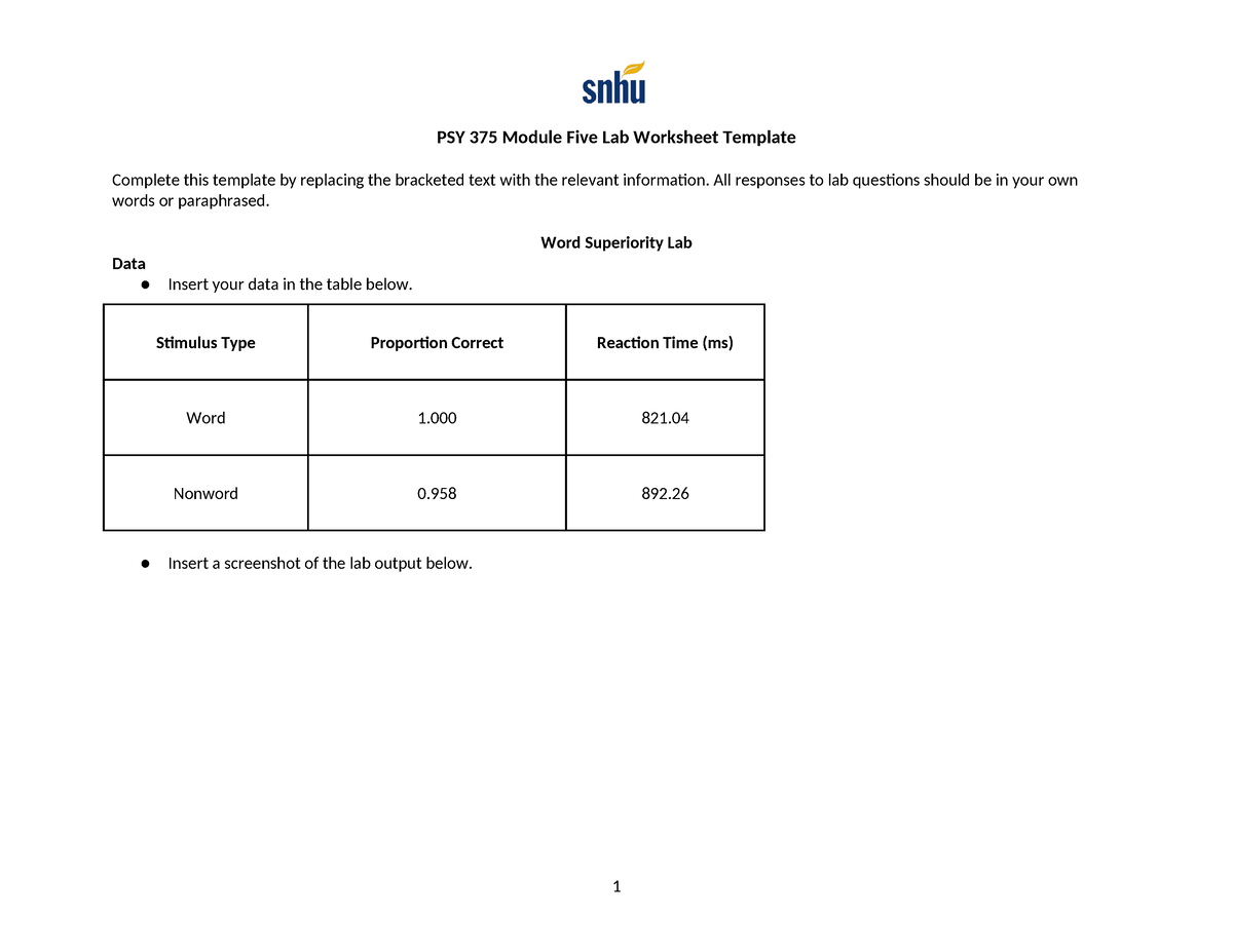 PSY 375 Module Five Lab Worksheet Complete - PSY 375 Module Five Lab ...