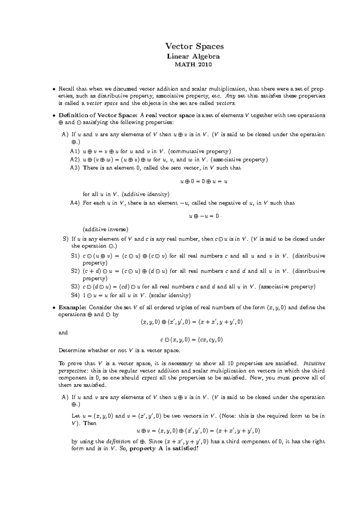 Vector Spaces - Vector Spaces Linear Algebra MATH 2010 Recall That When ...