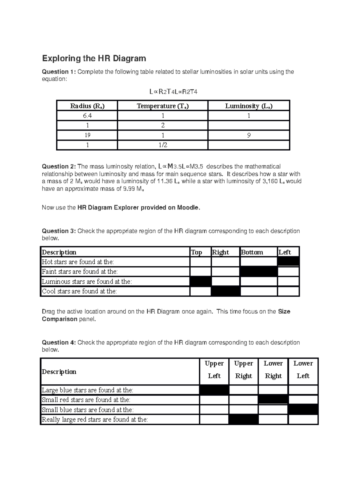 Workshop 1 - tutorial week 1 - Exploring the HR Diagram Question 1 ...