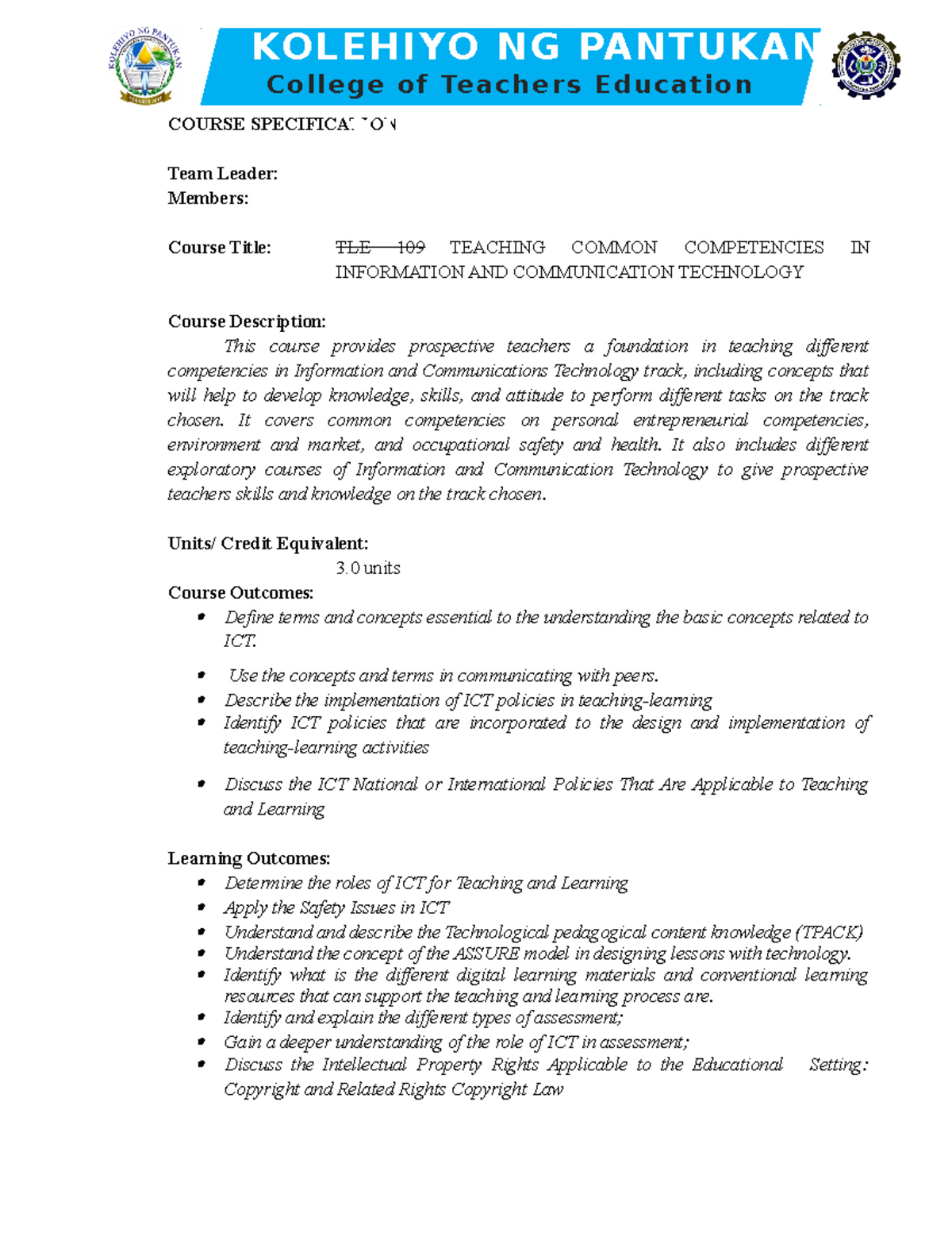 Teaching Competencies for ICT coursepack - COURSE SPECIFICATION Team ...