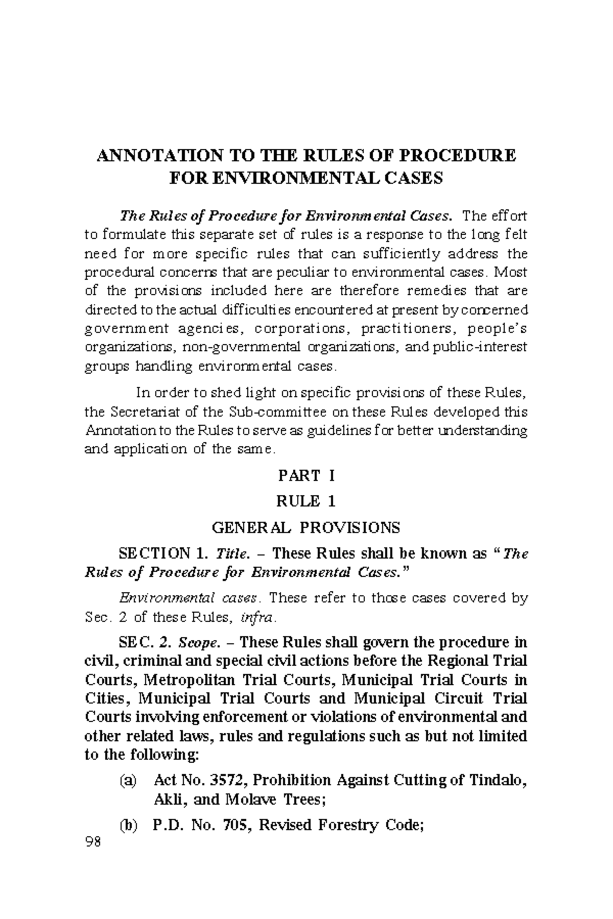 A.m Rules of Procedure for Environmental Cases 98 A. No. 0968SC