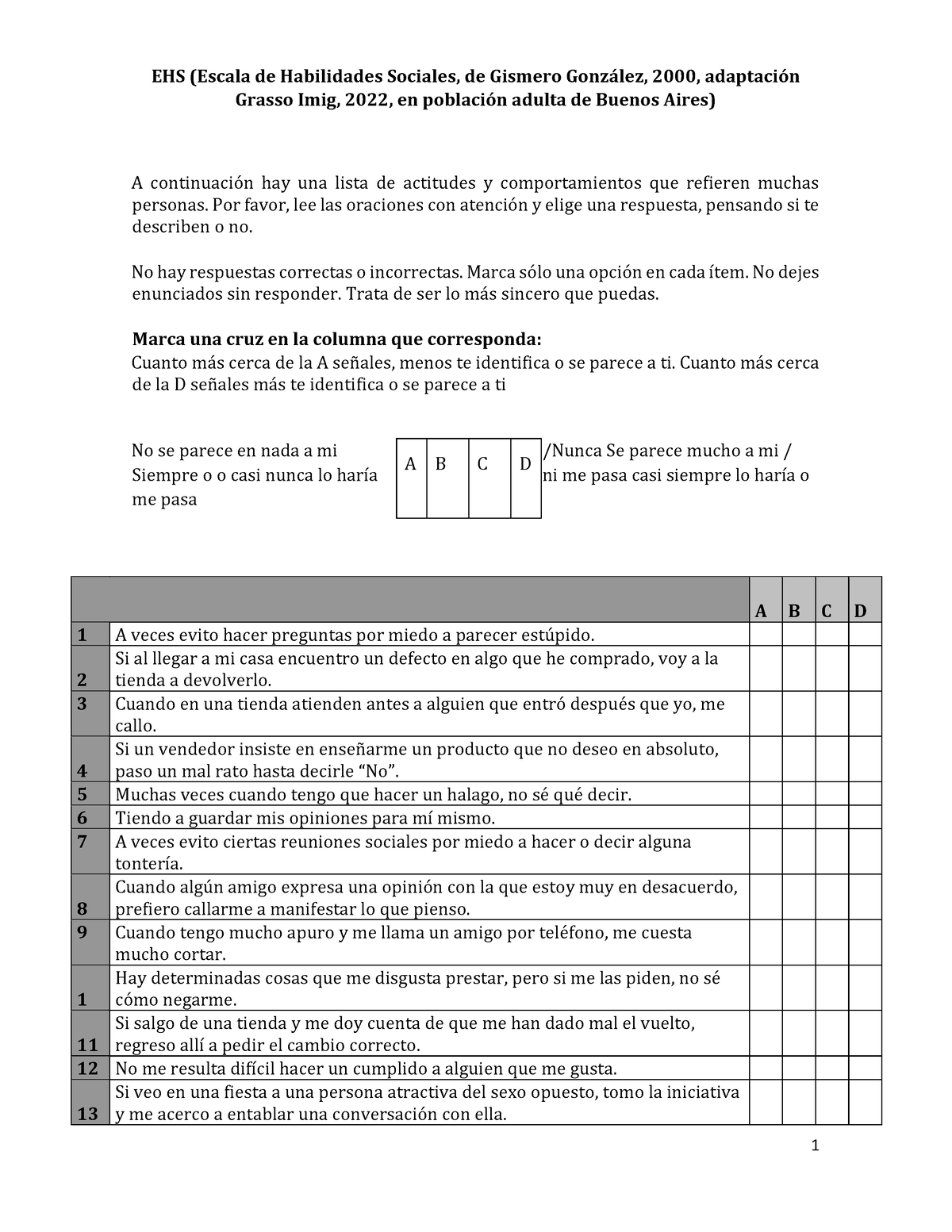 Ehs Protocolo Test Habilidades Sociales Abreviado 1 Ehs Escala De Habilidades Sociales De 9141