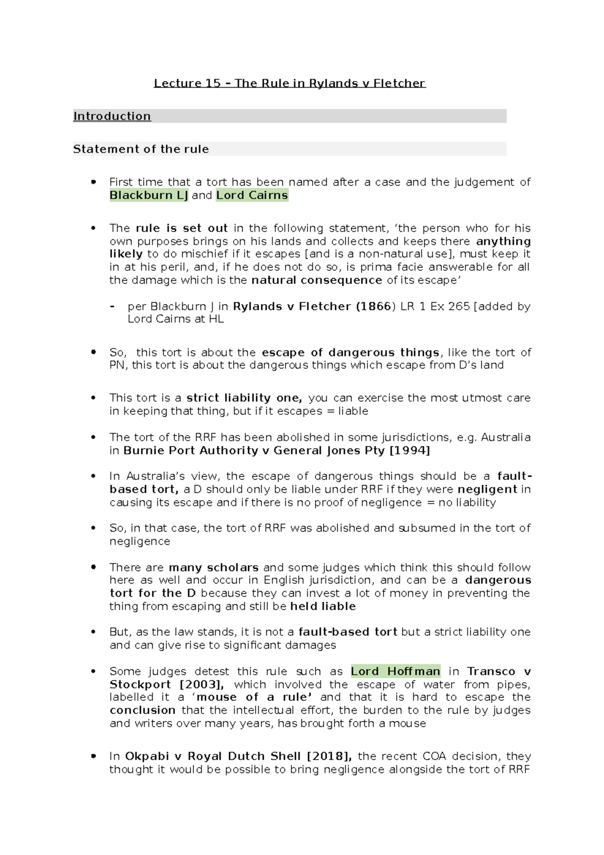 Lecture 15 - The Rule in Rylands v Fletcher - Lecture 15 – The Rule in ...