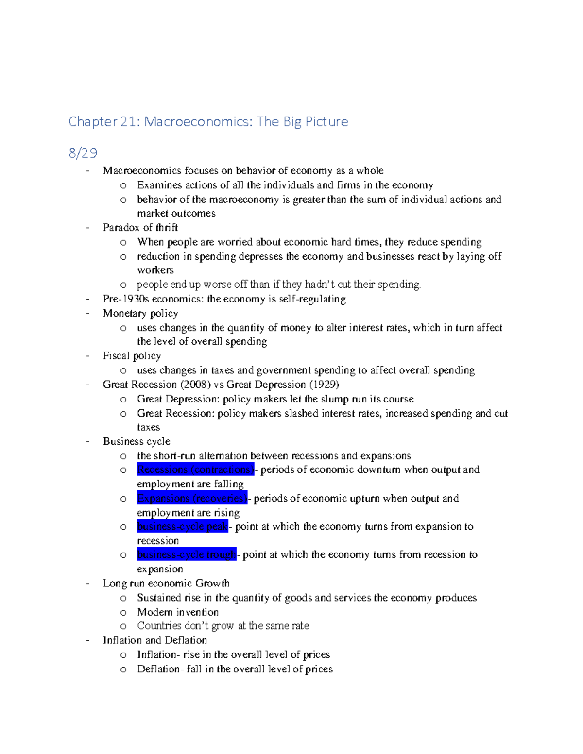 Macroeconmics Chapter 21 Class Notes - Chapter 21: Macroeconomics: The ...