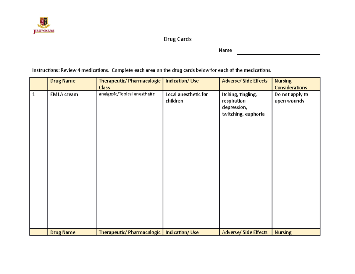 Drug cards for week 2 - Drug Cards Name Instructions: Review 4 ...