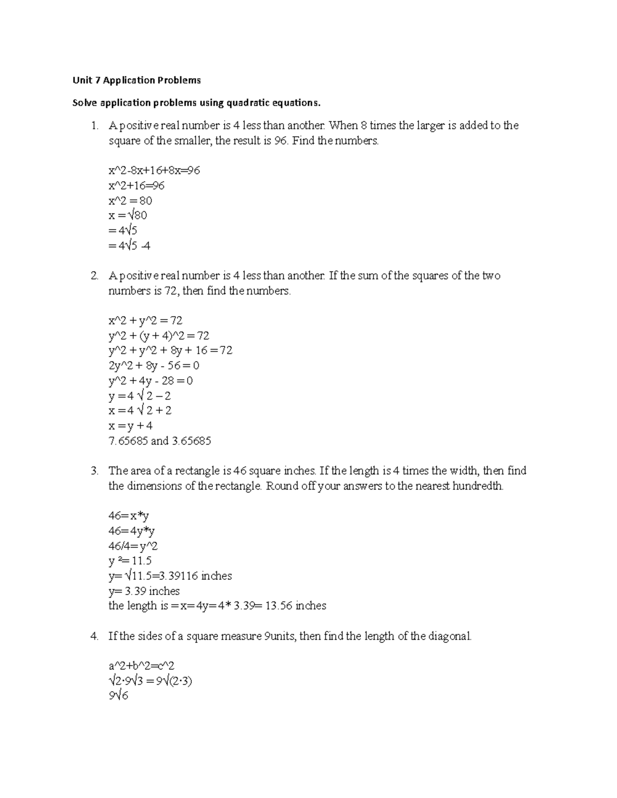 Shackleford MA109Unit7 Unit 7 Application Problems Solve application