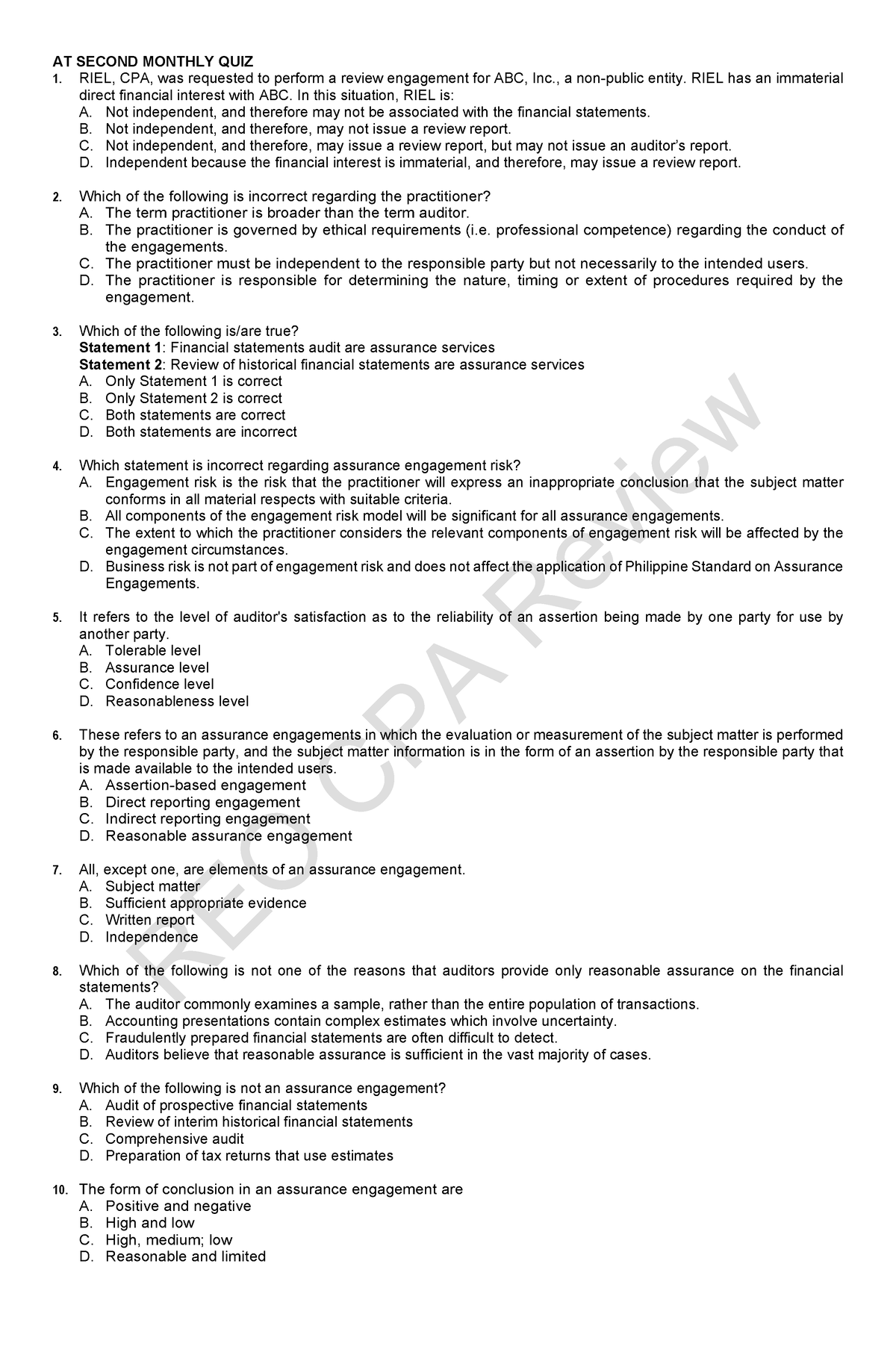 AT 2nd Monthly Assessment - REO CPA Review AT SECOND MONTHLY QUIZ RIEL ...