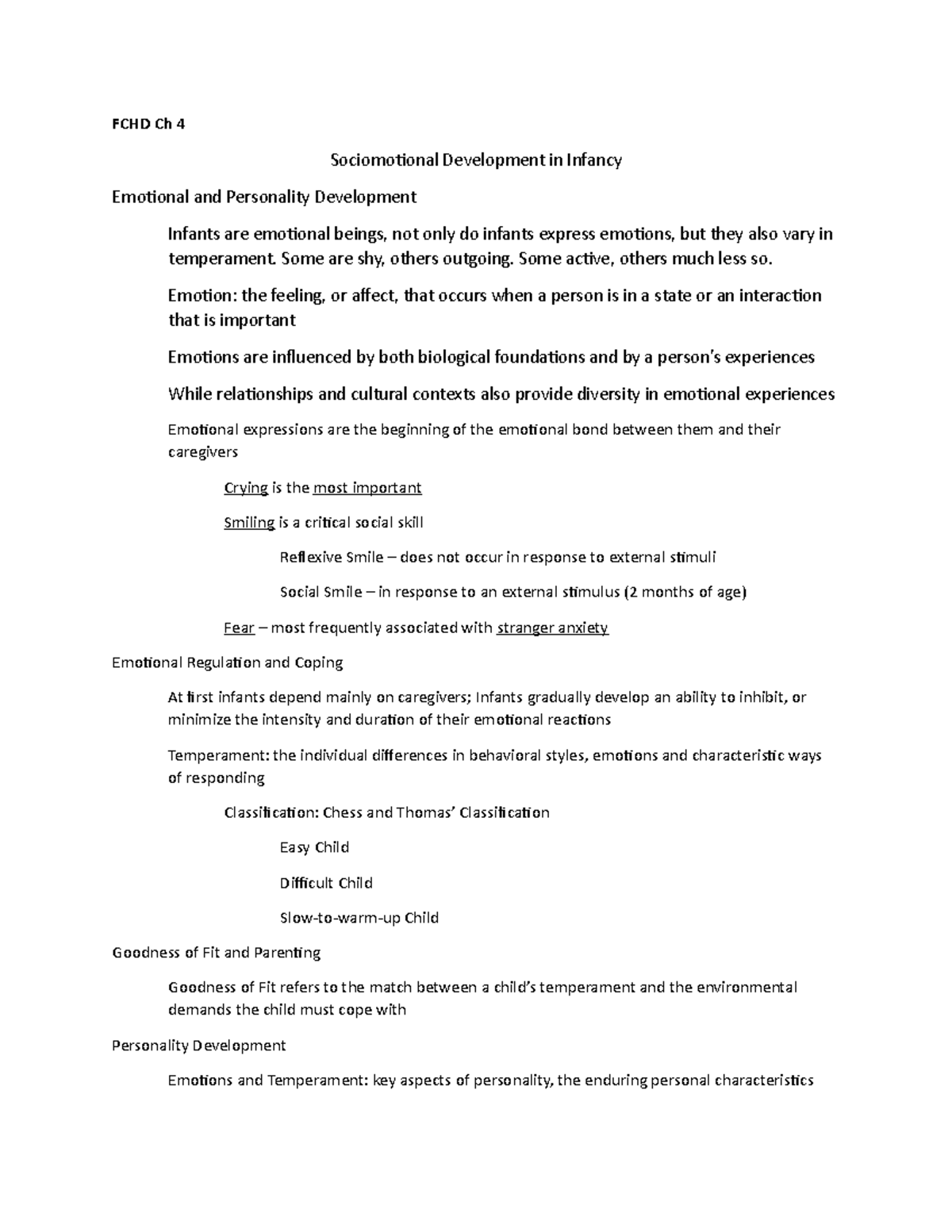 Ch 4 Notes - FCHD Ch 4 Sociomotional Development in Infancy Emotional ...