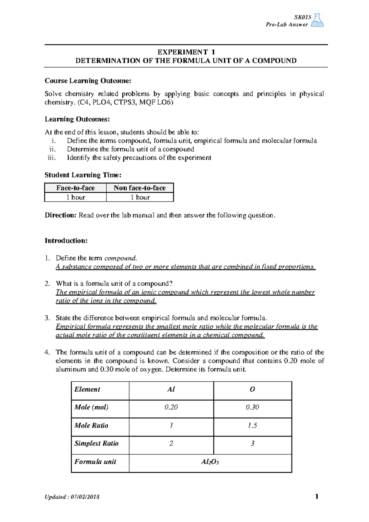 pre lab chemistry matriculation answer experiment 2 sk015