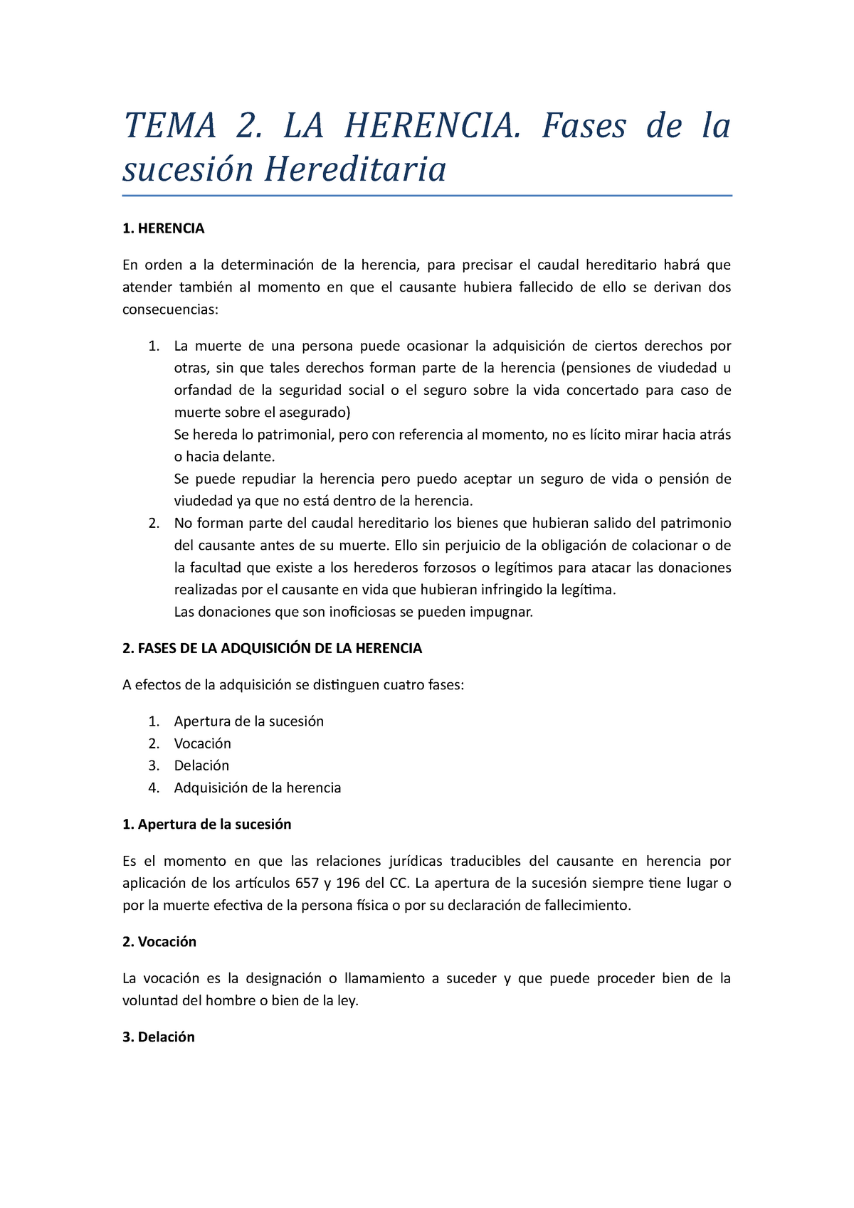 Apuntes Sucesiones - TEMA 2. LA HERENCIA. Fases De La Sucesión ...