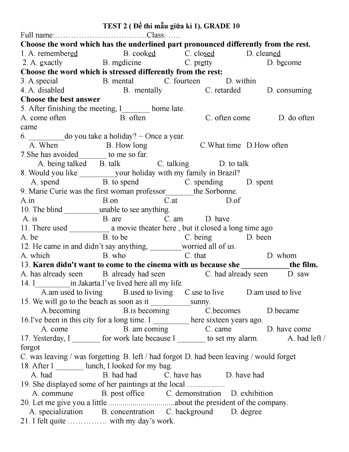 Period 9-đề mẫu giữa kì 1 - TEST 2 ( Đề thi mẫu giữa kì 1). GRADE 10 ...