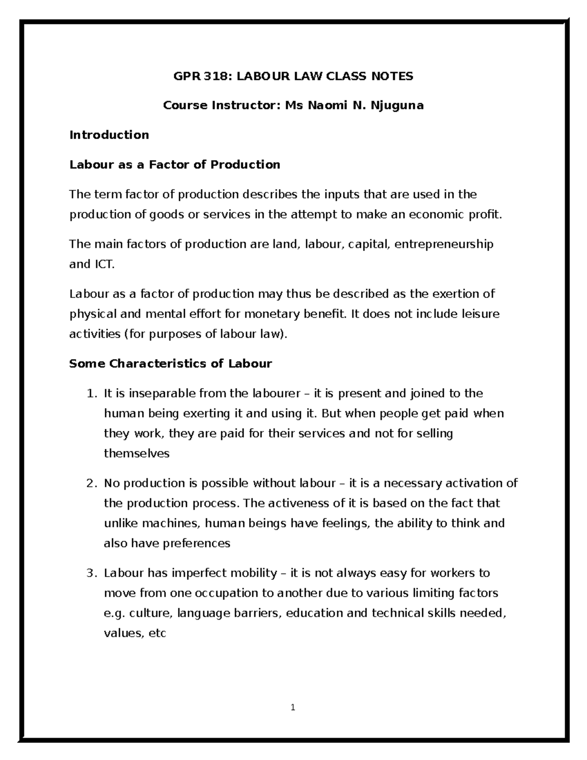 Labour LAW Class Notes updated - GPR 318: LABOUR LAW CLASS NOTES Course ...