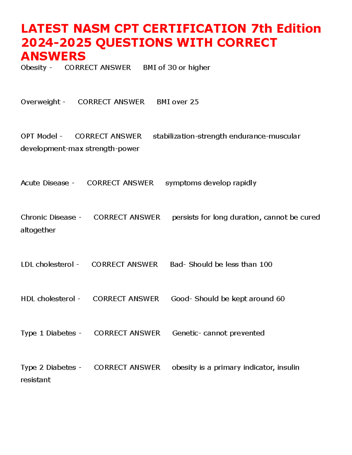 Latest NASM CPT Certification 7th Edition 2024-2025 Questions WITH ...