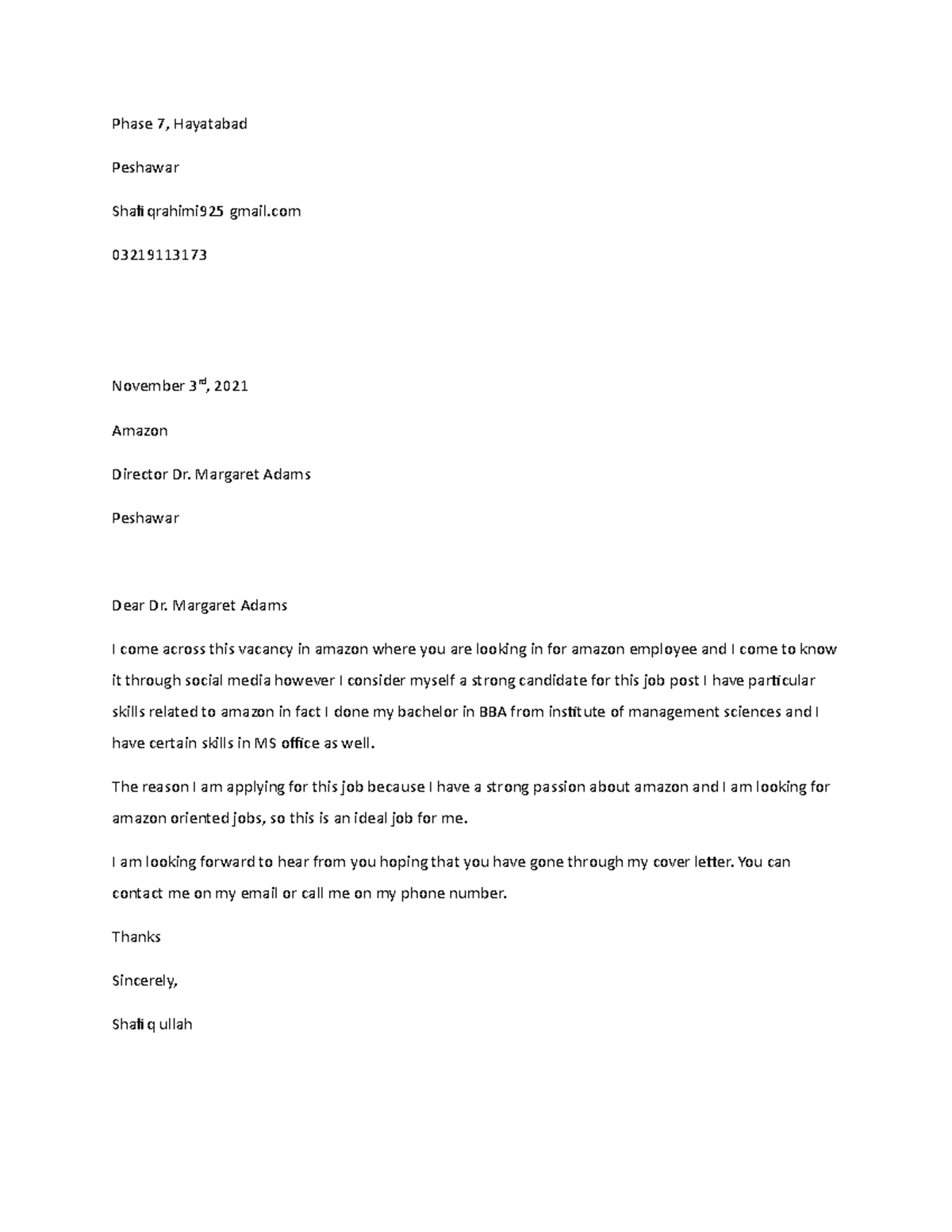 Shafiq Cover Letter - Don't Have Any Information - Phase 7, Hayatabad 