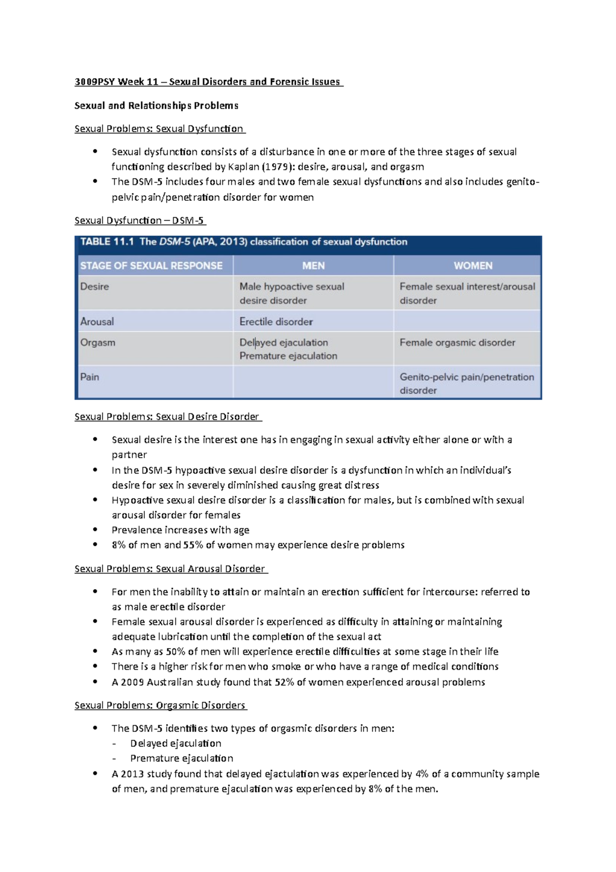 3009PSY Week 11 - Lecture notes - 3009PSY Week 11 – Sexual Disorders ...