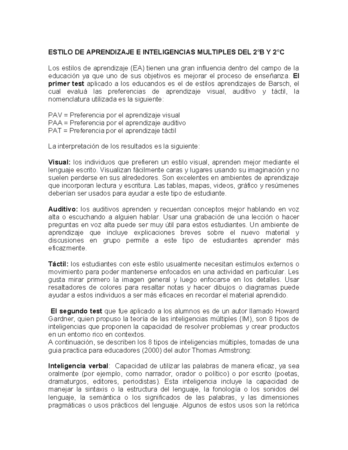 2 B y 2 C Estilo DE Aprendizaje E Inteligencias Multiples DEL 2B Y 2C ...