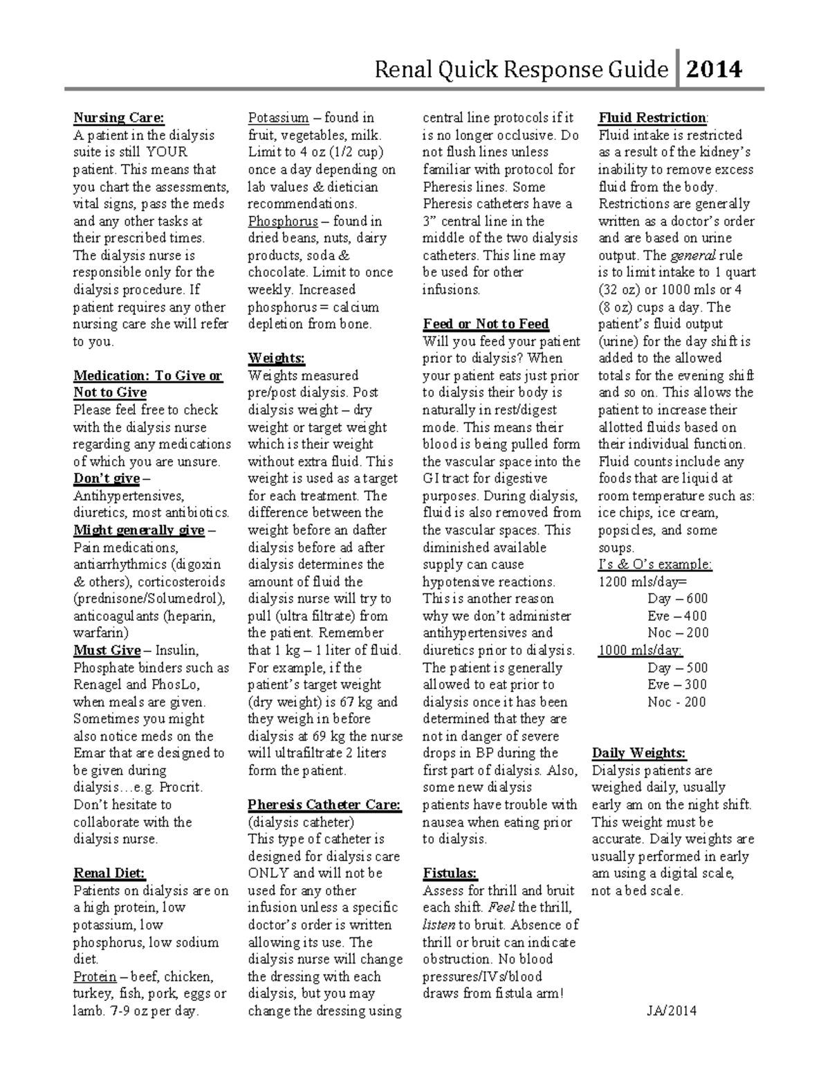 Dialysis Cheat Sheet - Renal Quick Response Guide 2014 Nursing Care: A