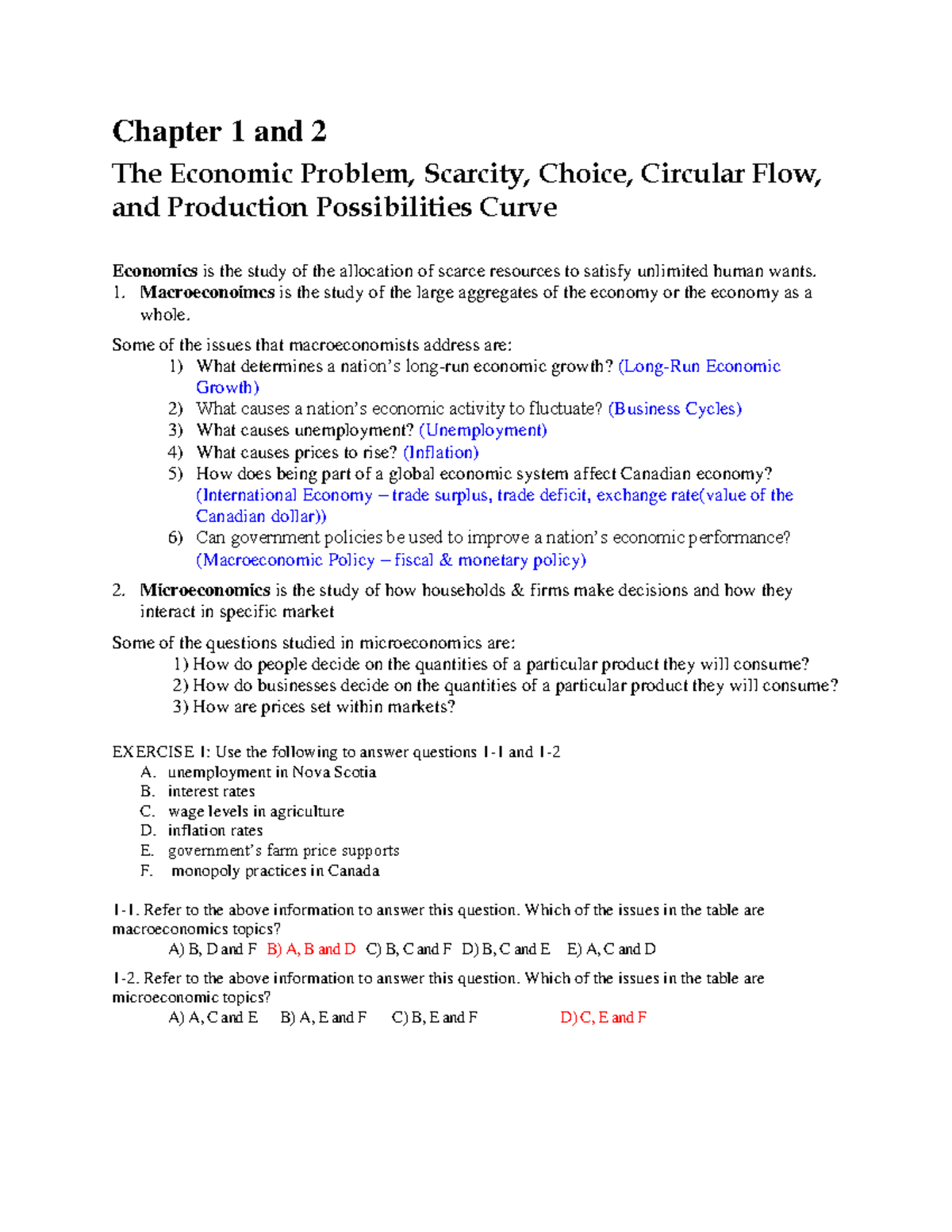 Chapter 1 and 2S - Chapter 1 and 2 The Economic Problem, Scarcity ...