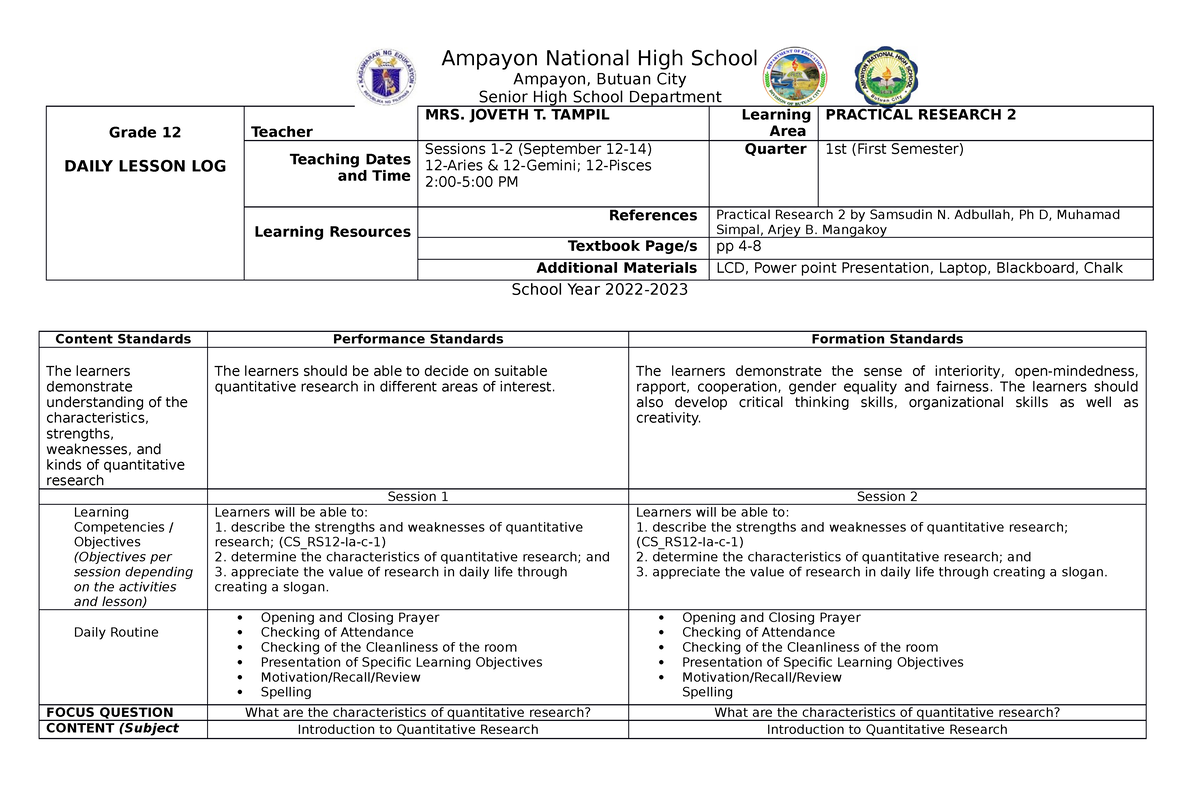 Practical Research - Ampayon National High School Ampayon, Butuan City ...