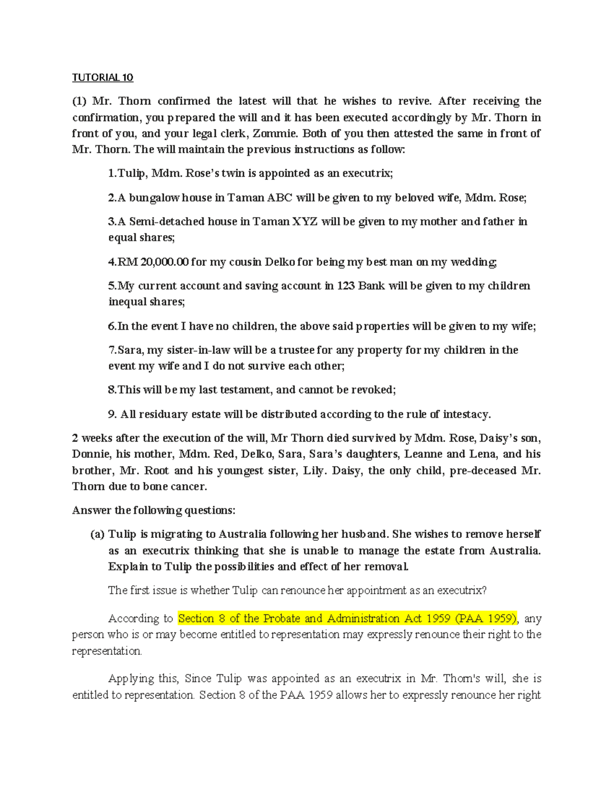 Tutorial 10.pdf - TUTORIAL 10 (1) Mr. Thorn confirmed the latest will ...