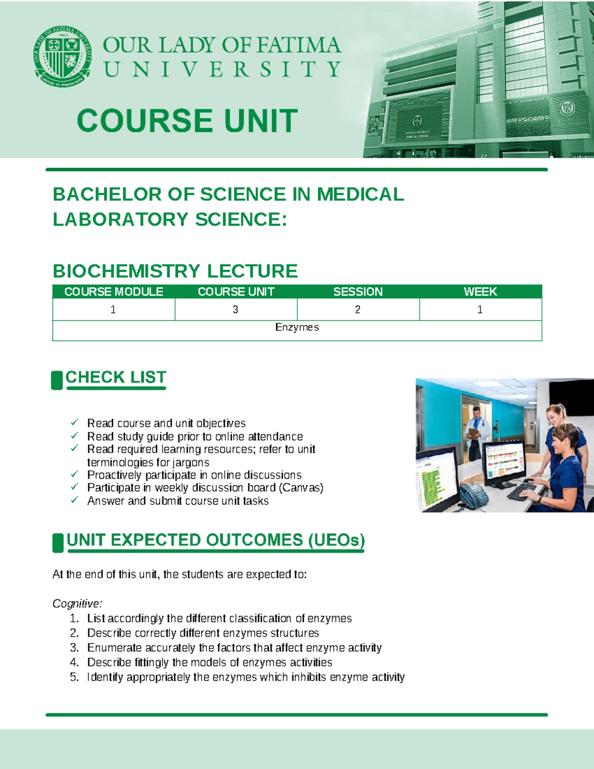 Enzyme course unit - lec - BACHELOR OF SCIENCE IN MEDICAL LABORATORY ...