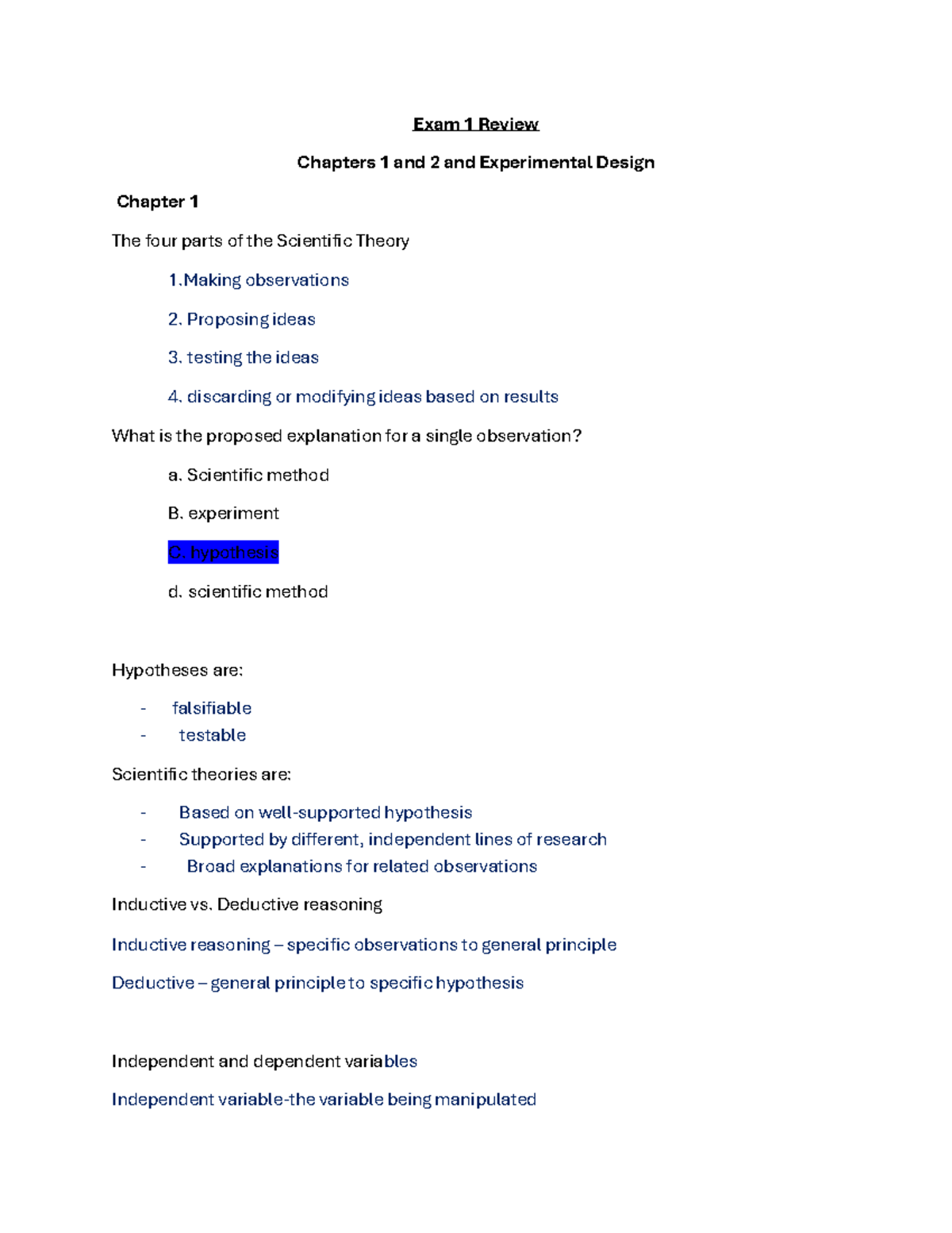 Exam 1 Review Key Exam 1 Review Chapters 1 And 2 And Experimental