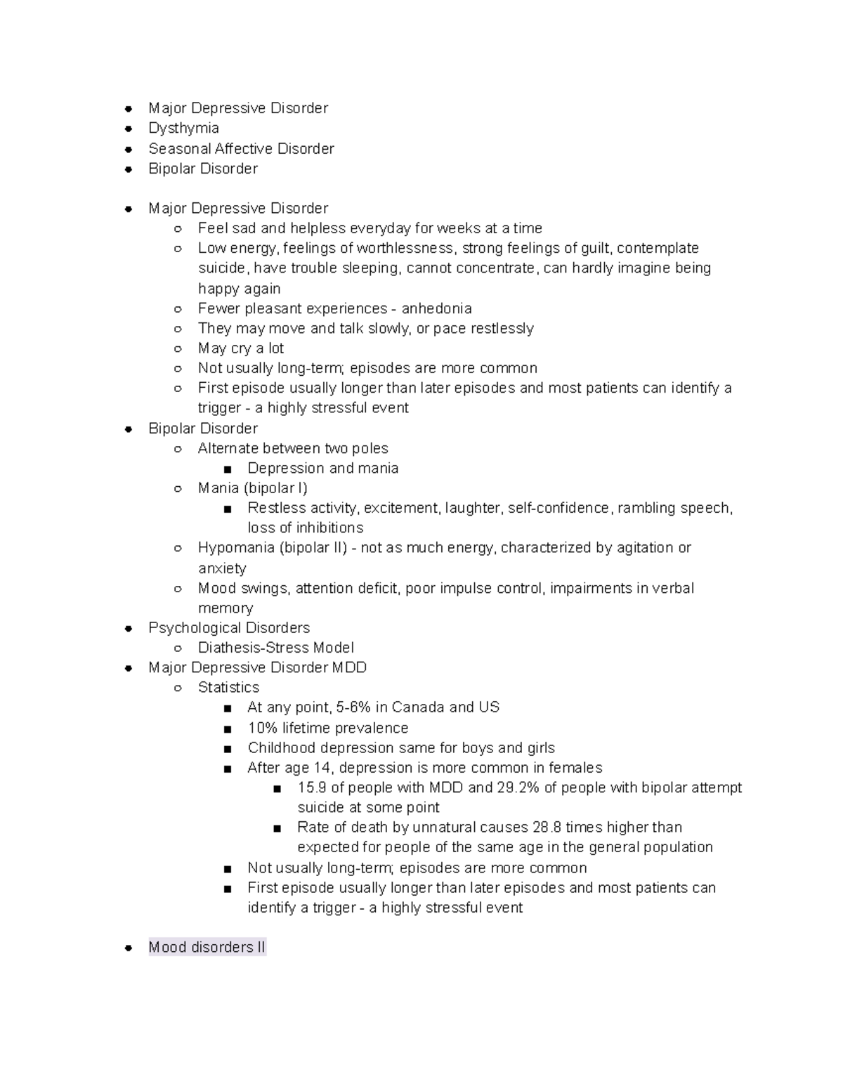 Mood Disorders - notes - Major Depressive Disorder Dysthymia Seasonal ...