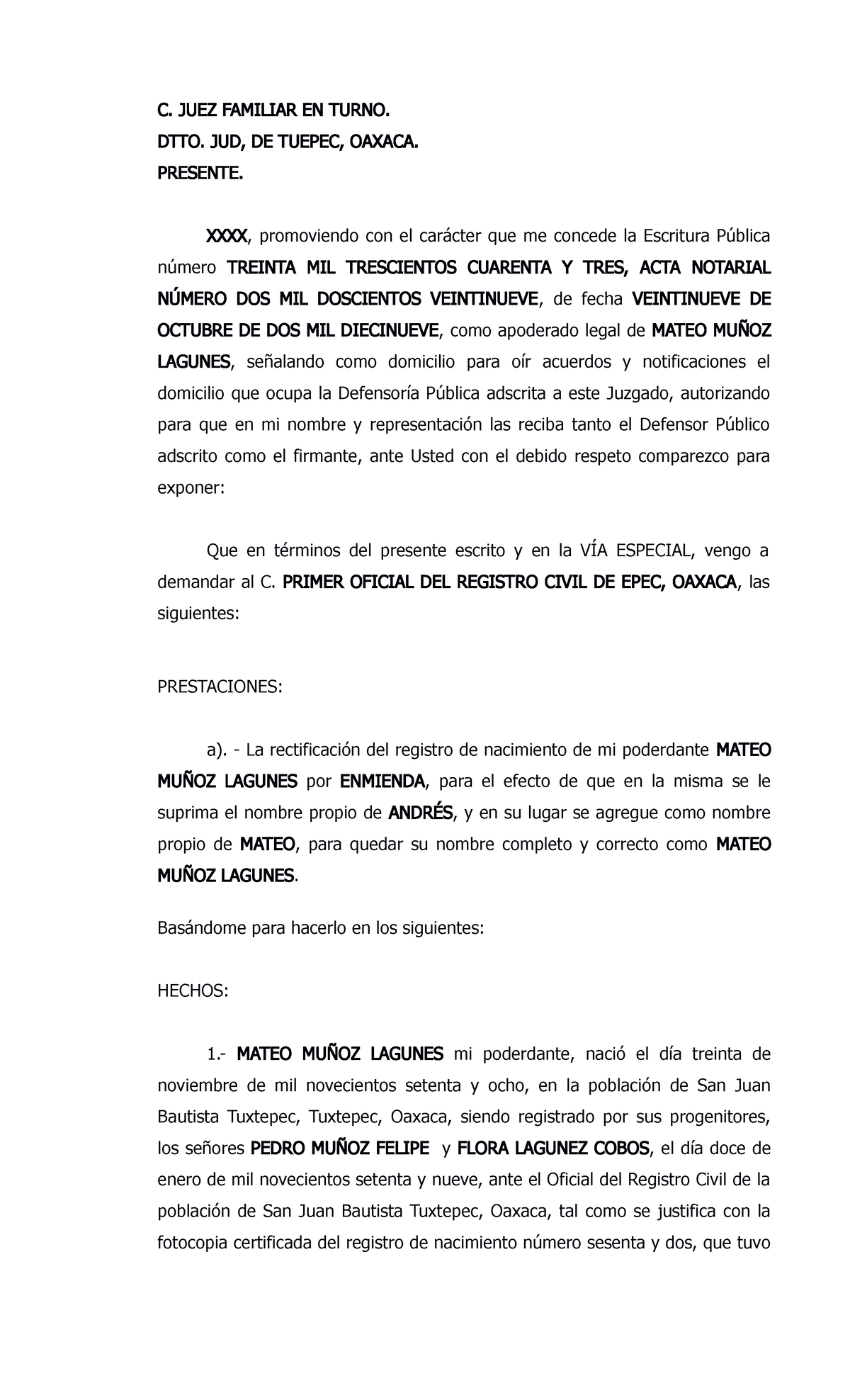 Rectificacion POR Enmienda 1 - C. JUEZ FAMILIAR EN TURNO. DTTO. JUD, DE ...