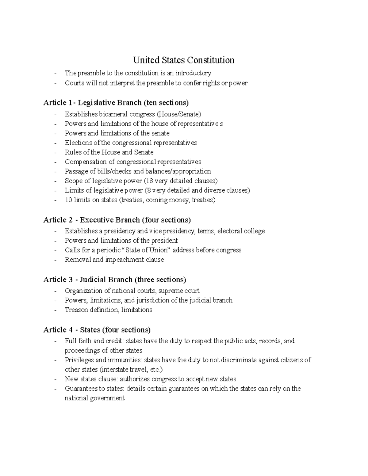 US Constitution summary - United States Constitution The preamble to ...