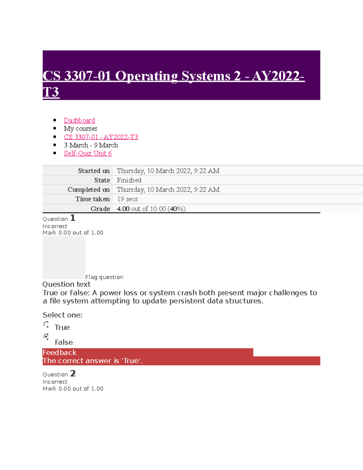 CS 3307 Self Quiz Unit 06 - CS 3307-01 Operating Systems 2 - AY2022- T ...