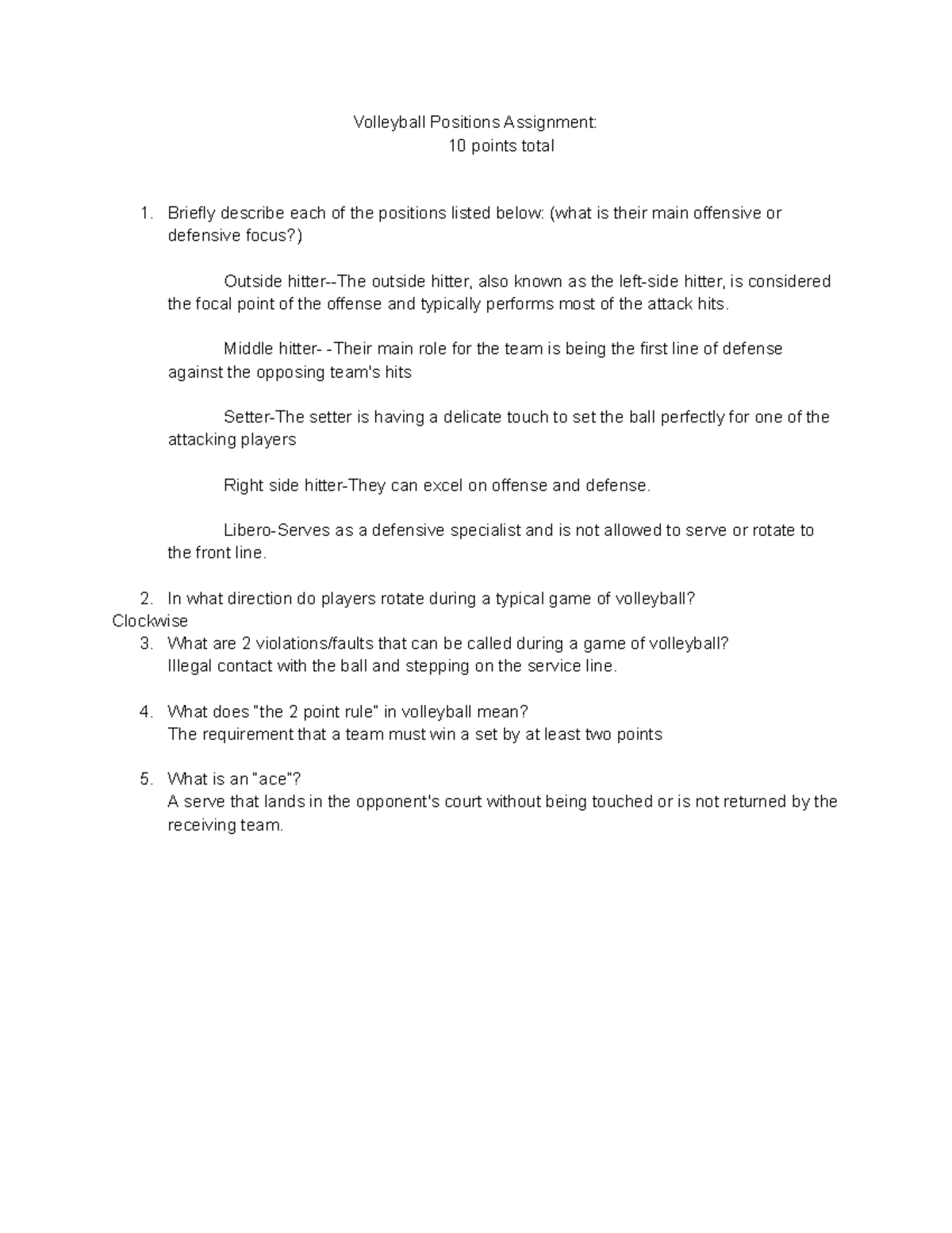 Copy of Volleyball Positions Assignment - Volleyball Positions ...