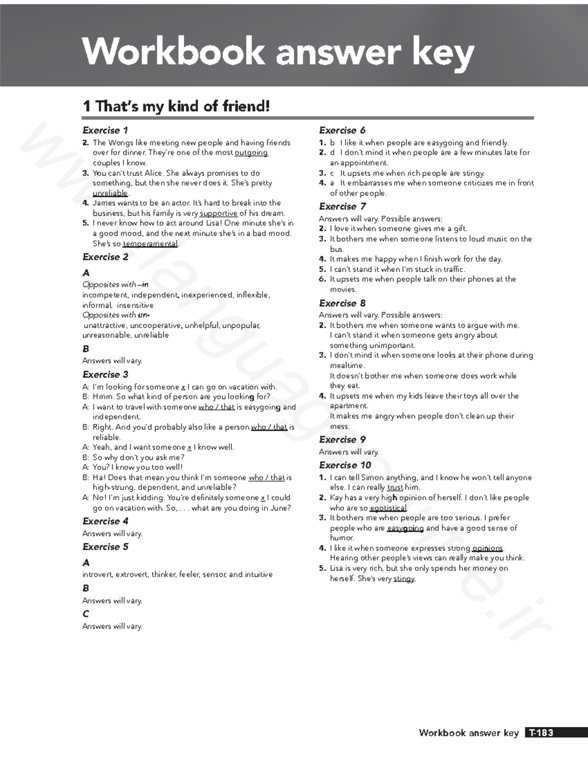 Interchange 3 - Workbook Answer Key - 5th Ed - T- Workbook answer key 1 ...