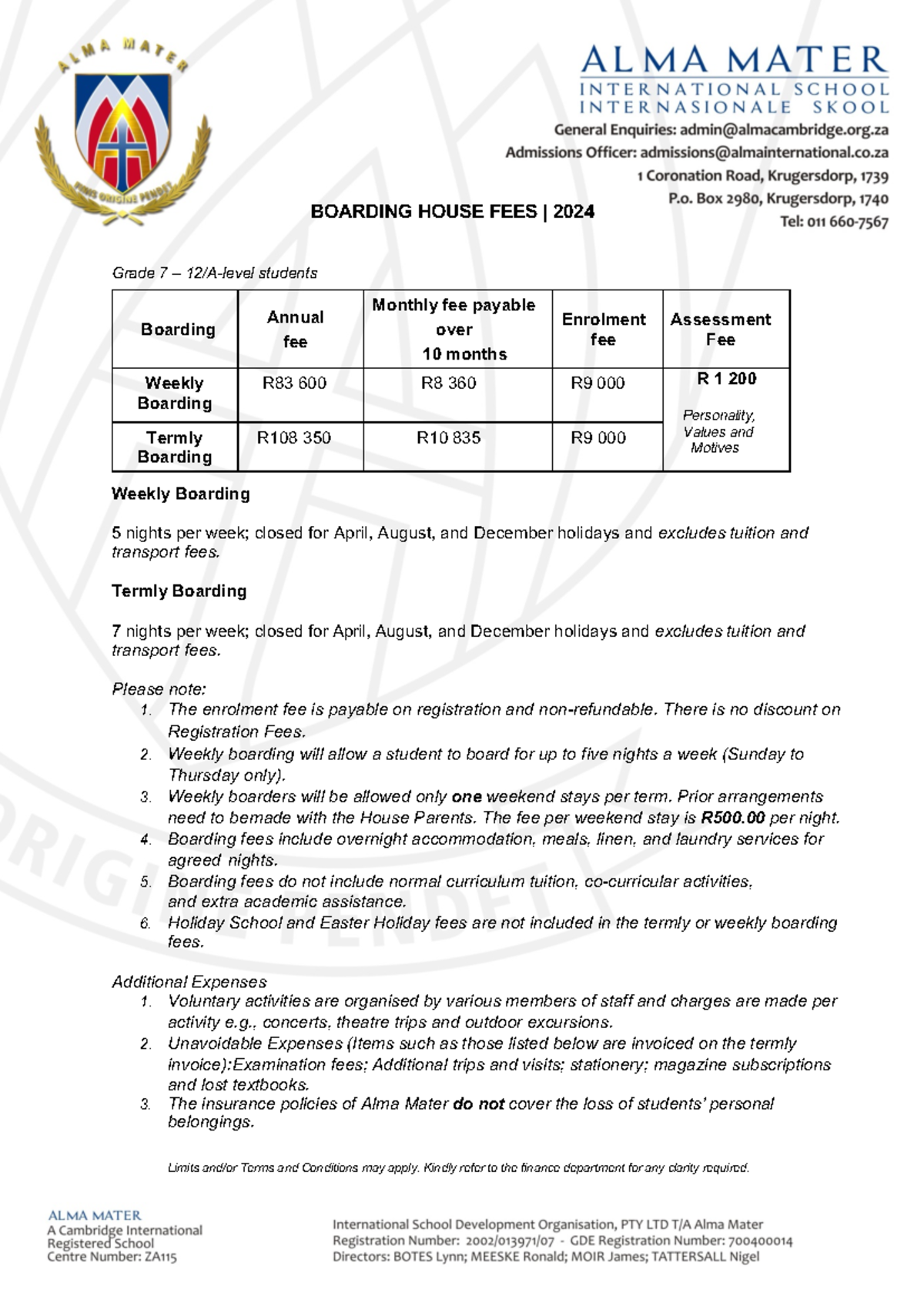 2024 ALMA Mater Boarding House FEES - BOARDING HOUSE FEES | 202 4 Grade ...