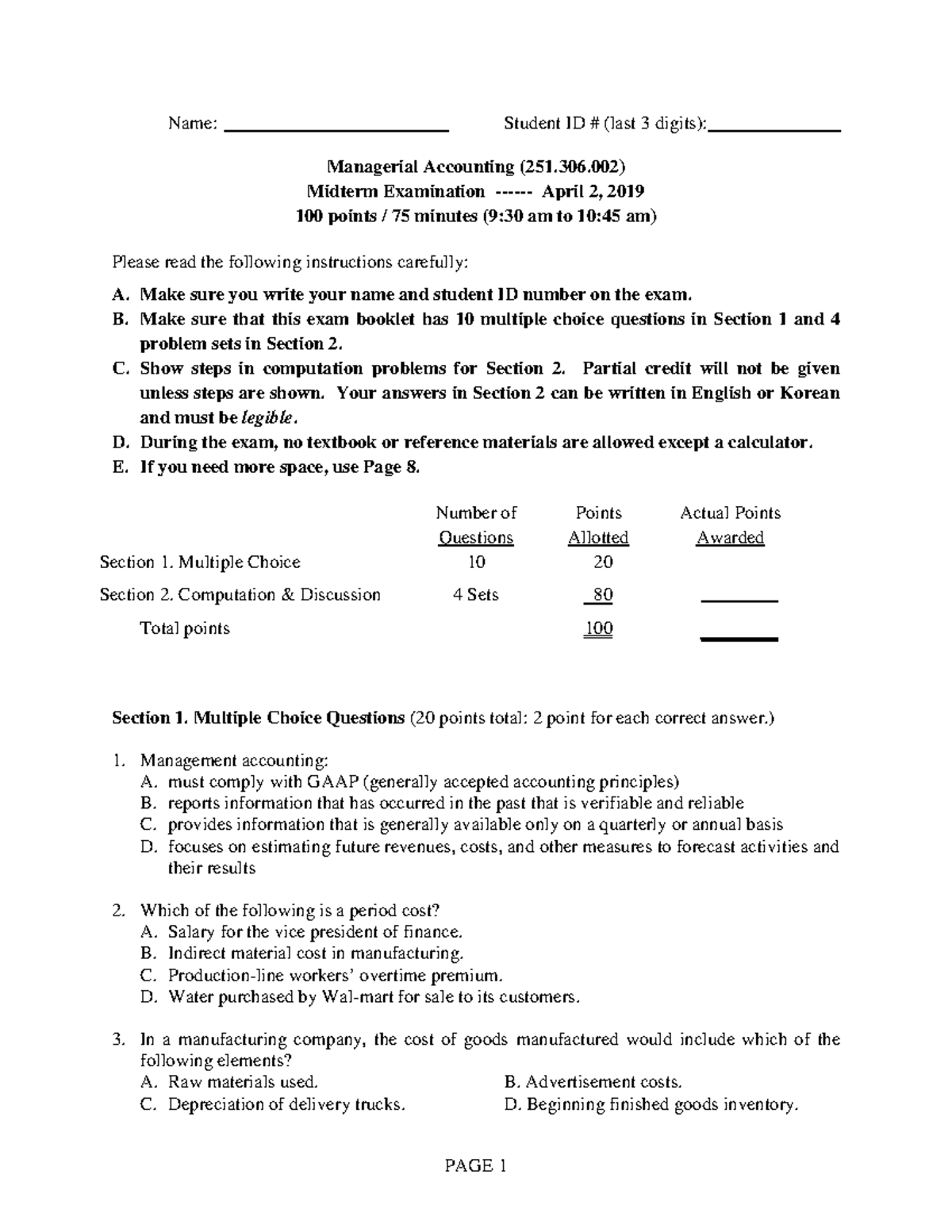 2019 midterm exam 1 - test - Name: Student ID # (last 3 digits ...