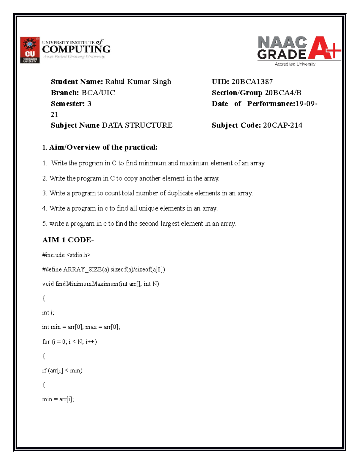 DATA STRUCTURES - Aim/Overview of the practical: 1. Write the program ...