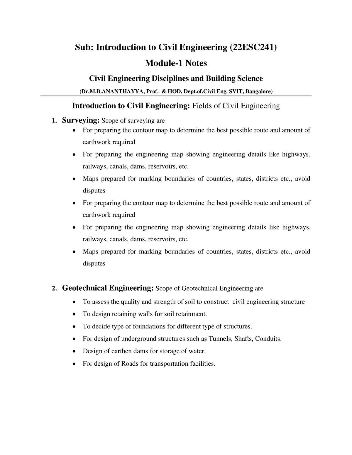 Module 1 - Sub: Introduction To Civil Engineering (22ESC241) Module-1 ...