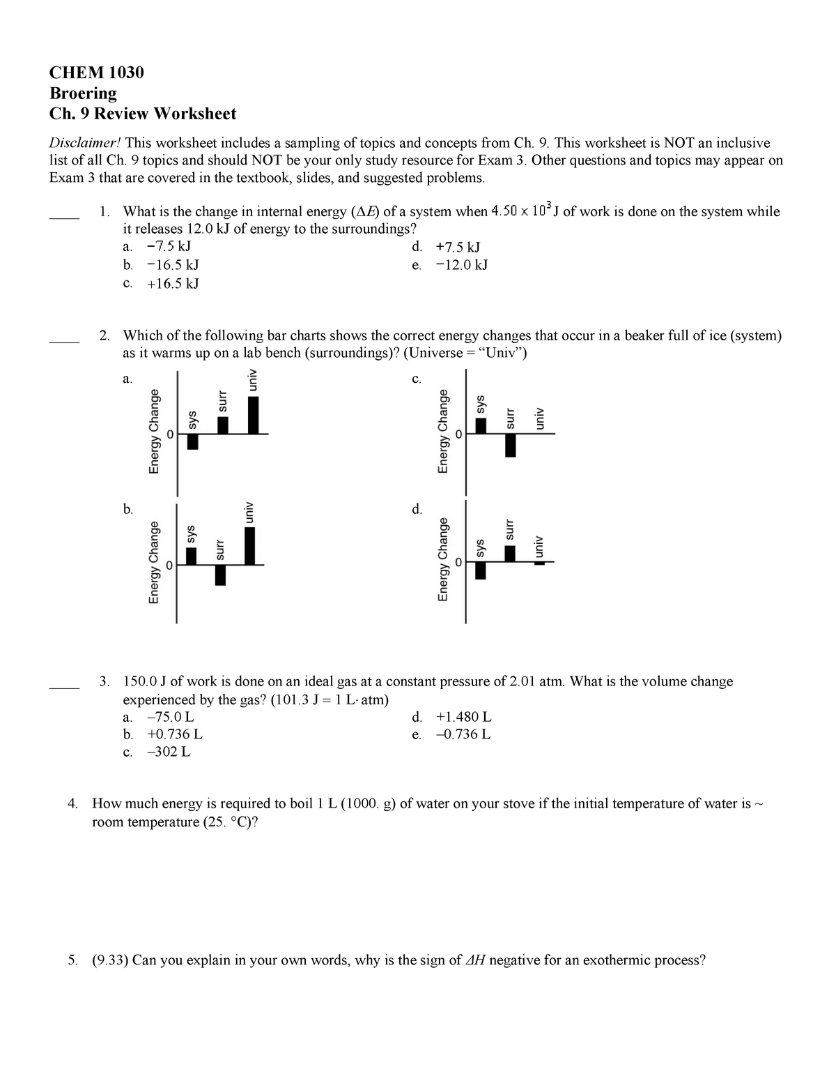 1030 Worksheet Ch 9 Practice Chem 1030 Broering Ch Review Worksheet Disclaimer Studocu
