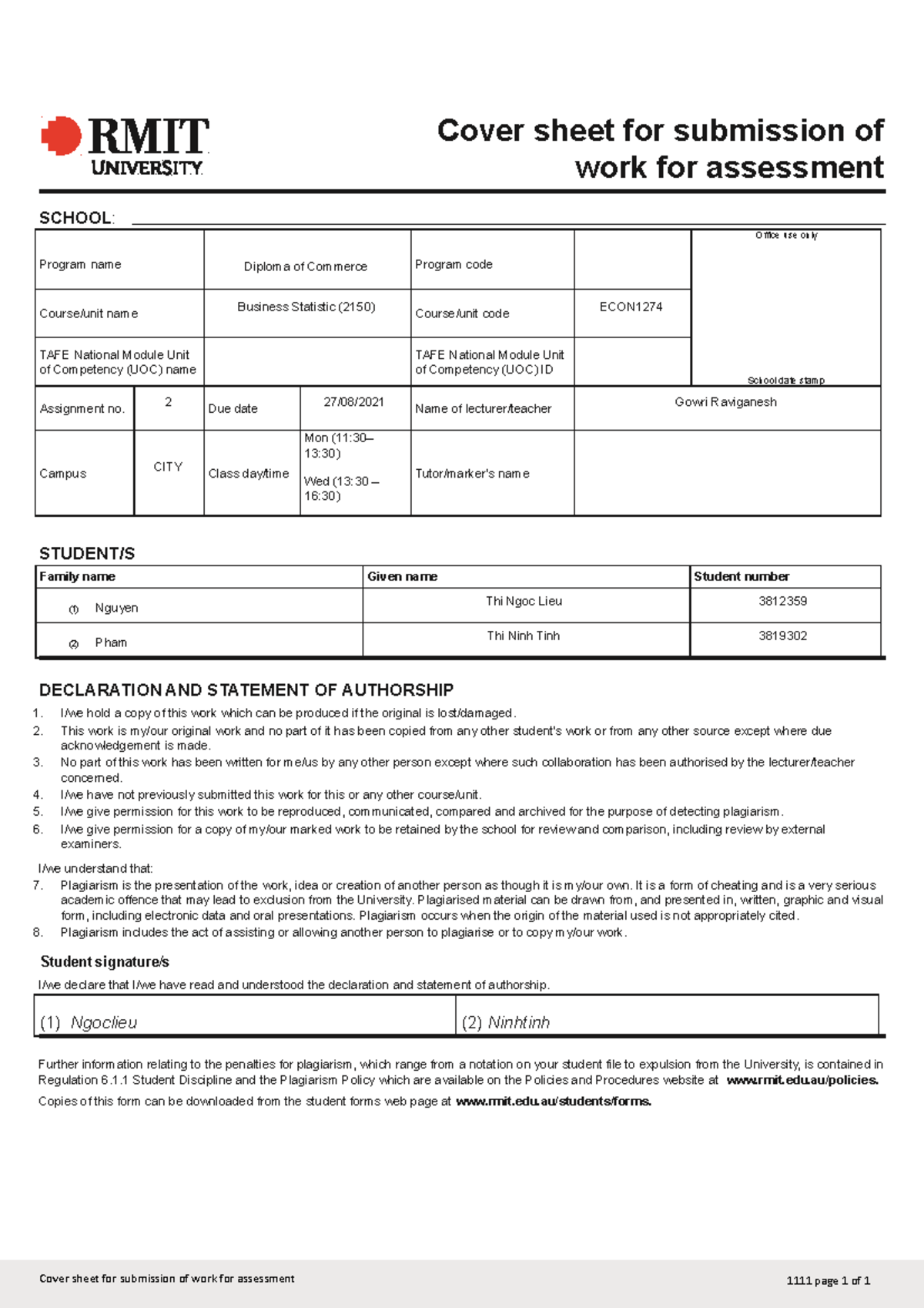 BS Word assignment final - Cover sheet for submission of work for ...