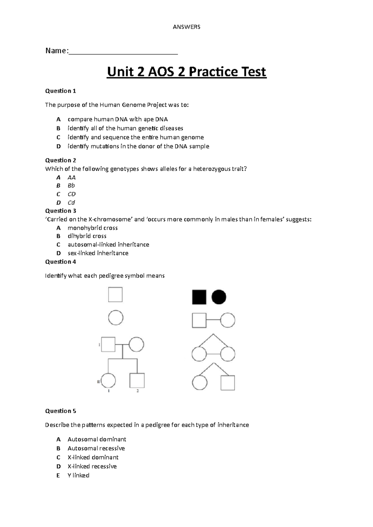 unit 1 and 2 biology practice exams