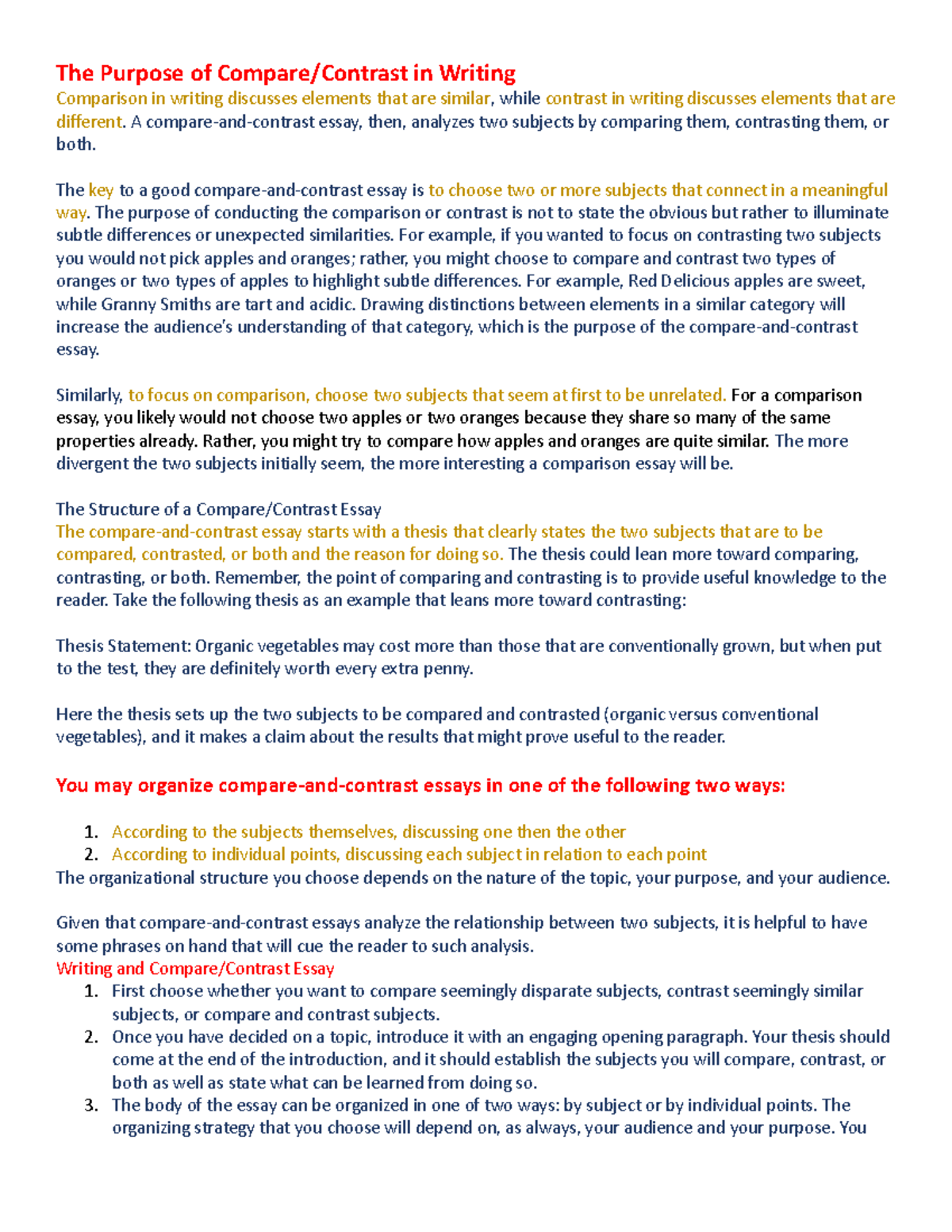 Midterm- The Purpose of Comparison and Contrast - The Purpose of ...