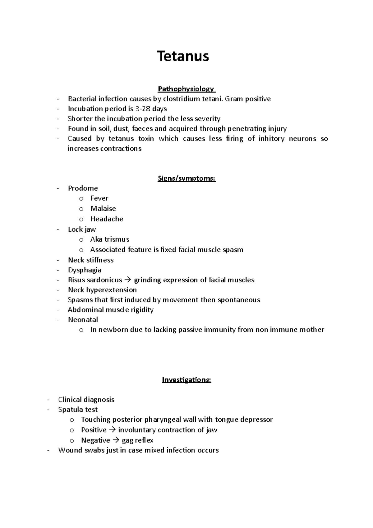 Tetanus - lecture notes - PHA7061-C - Bradford - Studocu