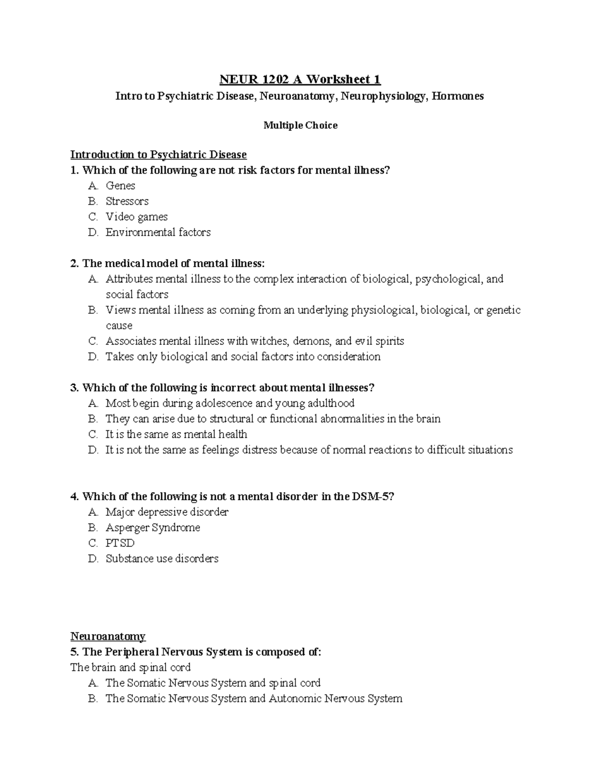 NEUR 1202 A Worksheet 1 Feb 1 - NEUR 1202 A Worksheet 1 Intro to ...