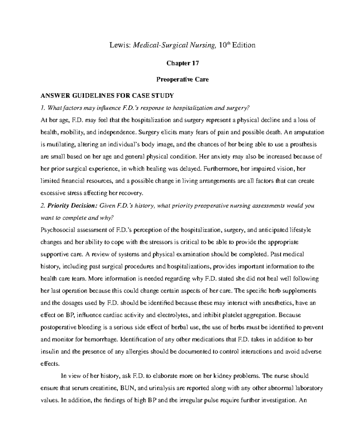 Lewis Case Study 11th ed. - Chapter 17 Pre Op - Lewis: Medical-Surgical ...