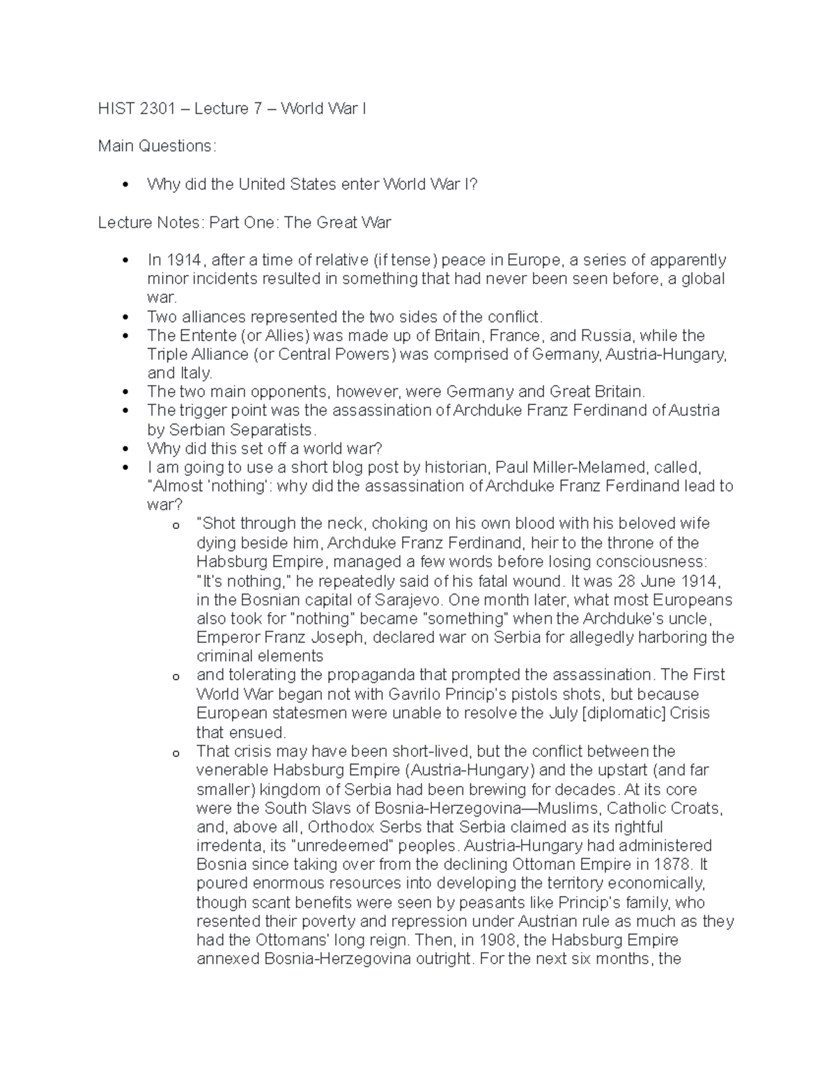 HIST 2301 lecture notes - HIST 2301 – Lecture 7 – World War I Main ...