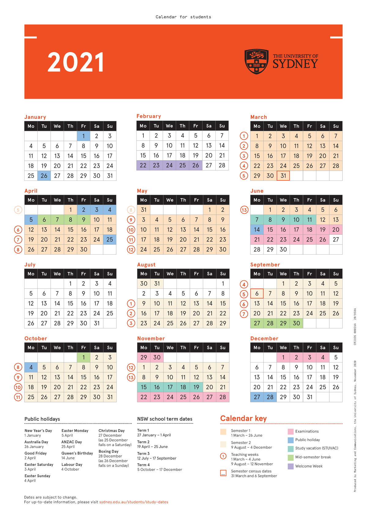 2023 Calendar Usyd Student Wall Calendar Dates Are Subject To Change For Up To Date Information Please Visit Studocu