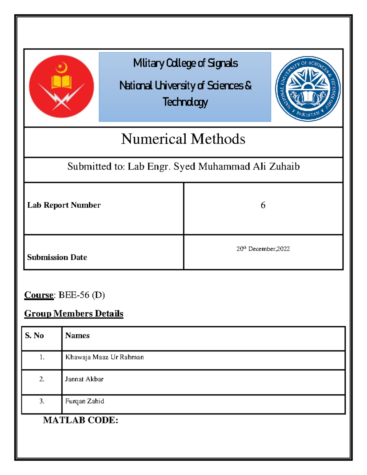 NM Lab Report 6 - Covering engineering problems in business. - Course ...