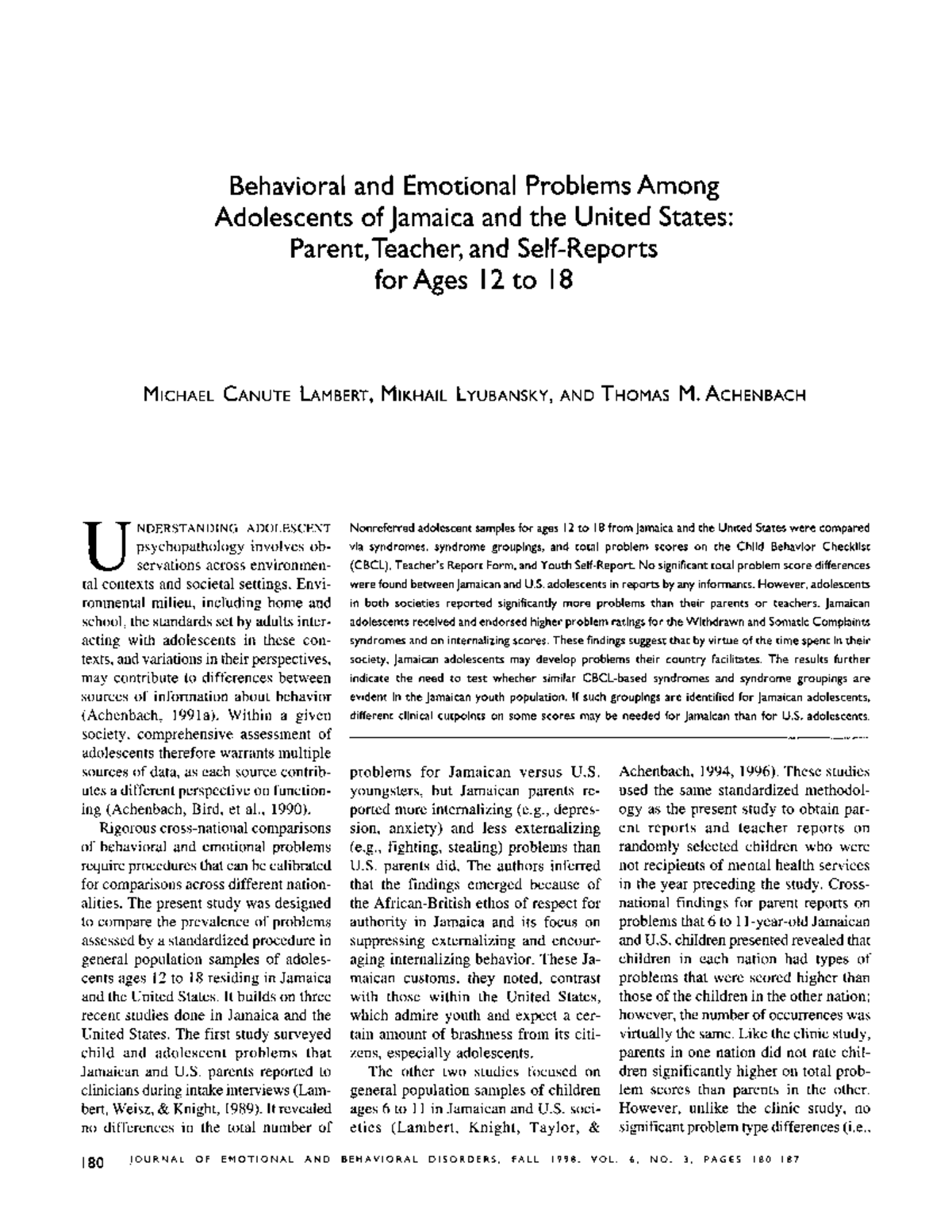 Behavioral and Emotional Problems Among - Behavioral and Emotional ...