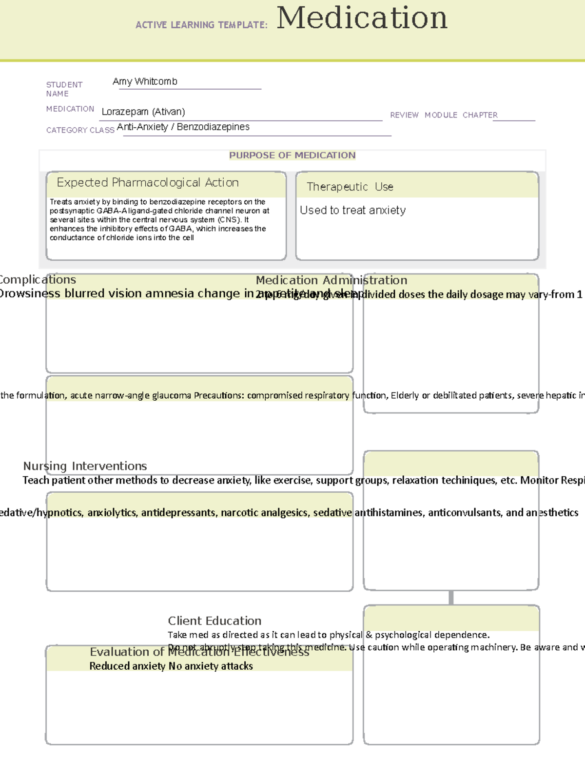 ATI Lorazepam Medication Sheet 1 - PURPOSE OF MEDICATION Complications ...