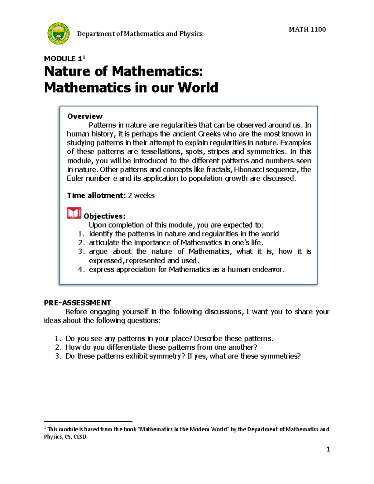 Math 1100 Module 1 - Department of Mathematics and Physics MODULE 1 1 ...