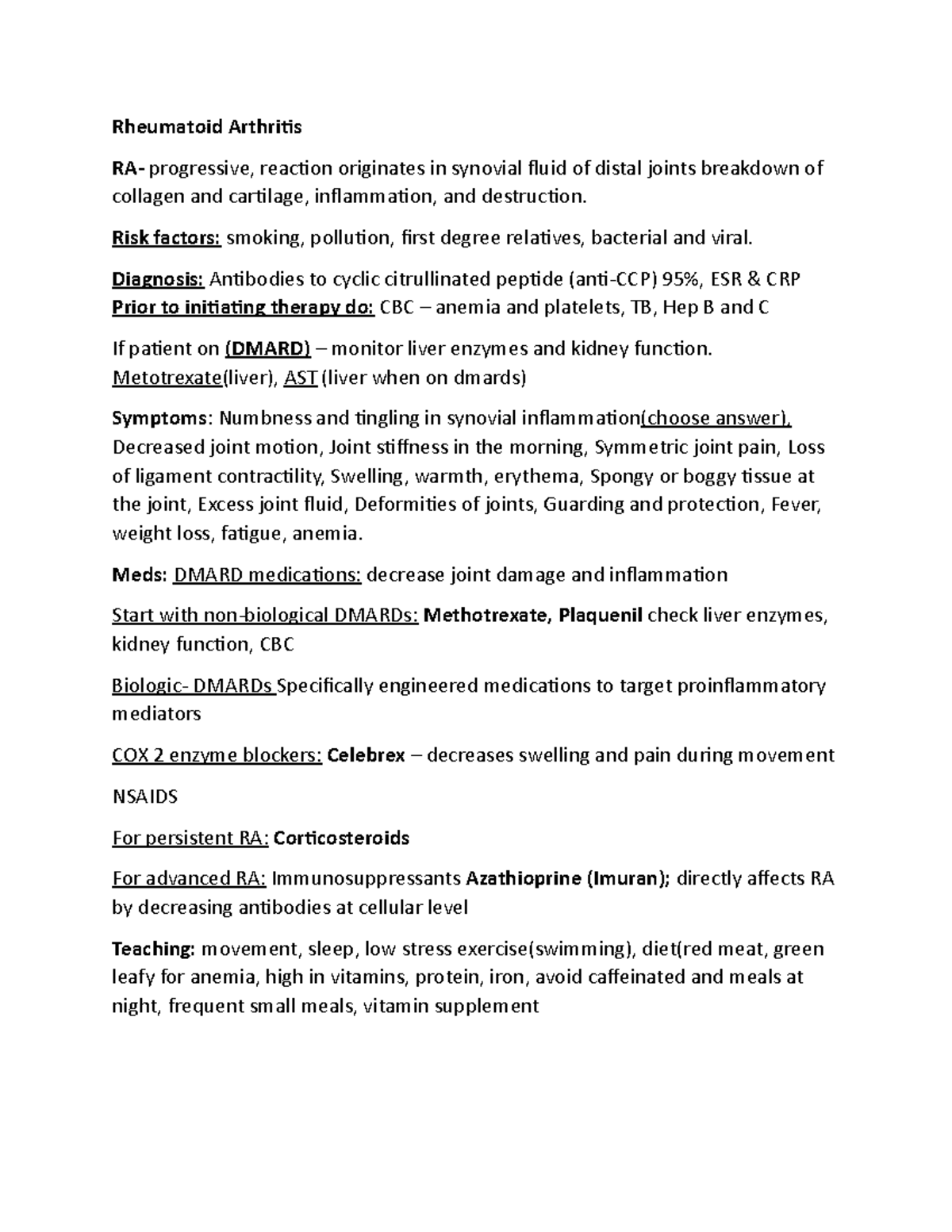 Exam 5 Review - notes - Rheumatoid Arthritis RA- progressive, reaction ...